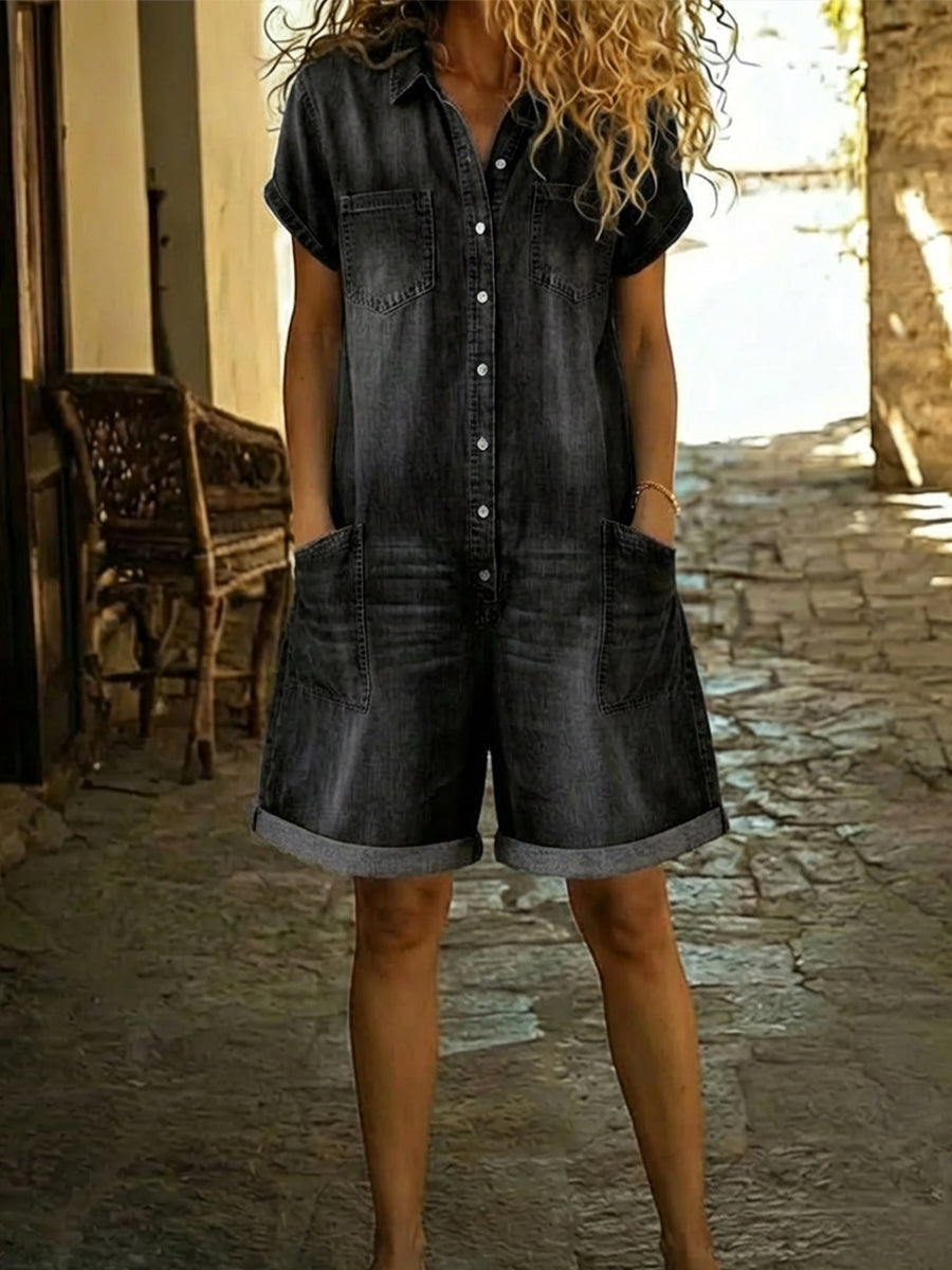 Women's Denim Romper Short-Sleeve Button-Down Jean Playsuit Casual Summer Jumpsuit