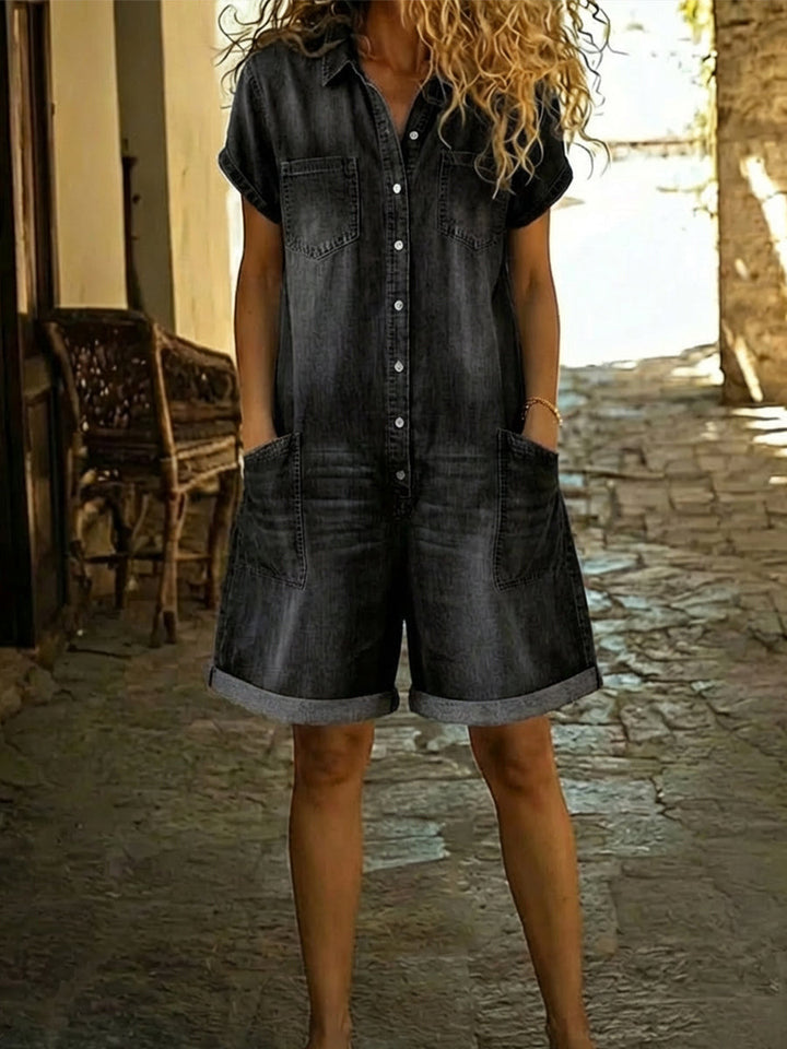 Women's Denim Romper Short-Sleeve Button-Down Jean Playsuit Casual Summer Jumpsuit