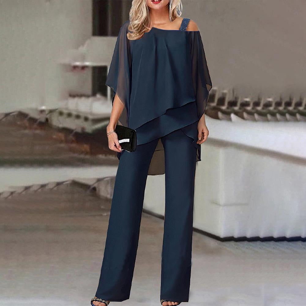 Women's Chiffon Two Piece Set Asymmetric Top Wide Leg Trousers Formal Outfit