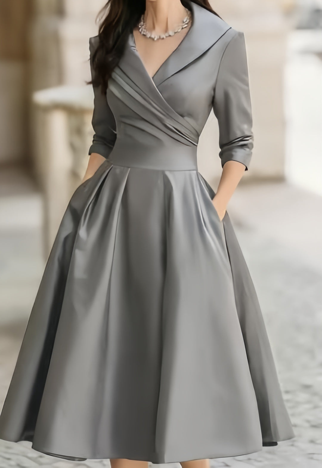 Women's Wrap V-Neck Midi Dress 3/4 Sleeve A-Line Formal Cocktail Party Dress