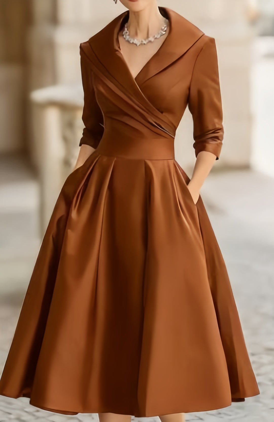 Women's Wrap V-Neck Midi Dress 3/4 Sleeve A-Line Formal Cocktail Party Dress
