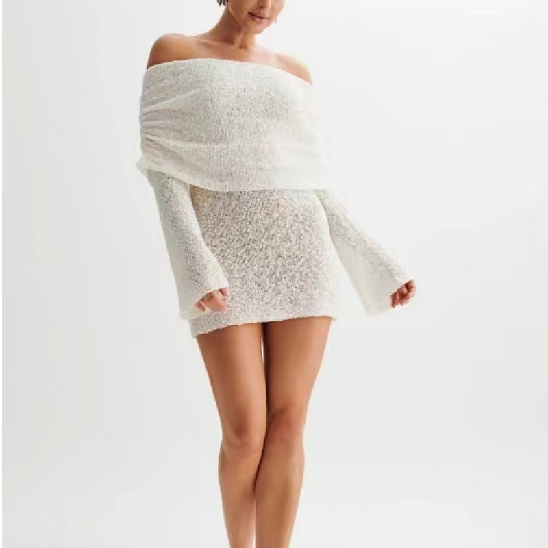 Off Shoulder Knit Mini Dress - Long Sleeve Bardot