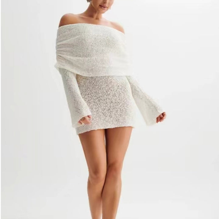 Off Shoulder Knit Mini Dress - Long Sleeve Bardot