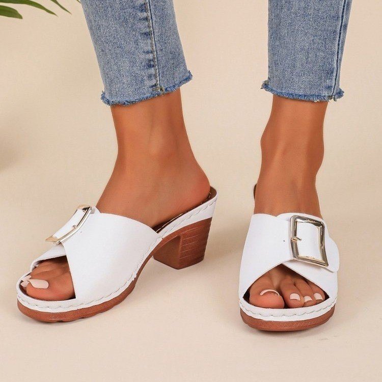 Buckle Slide Sandals - Open Toe Low Heel Summer Mules Women