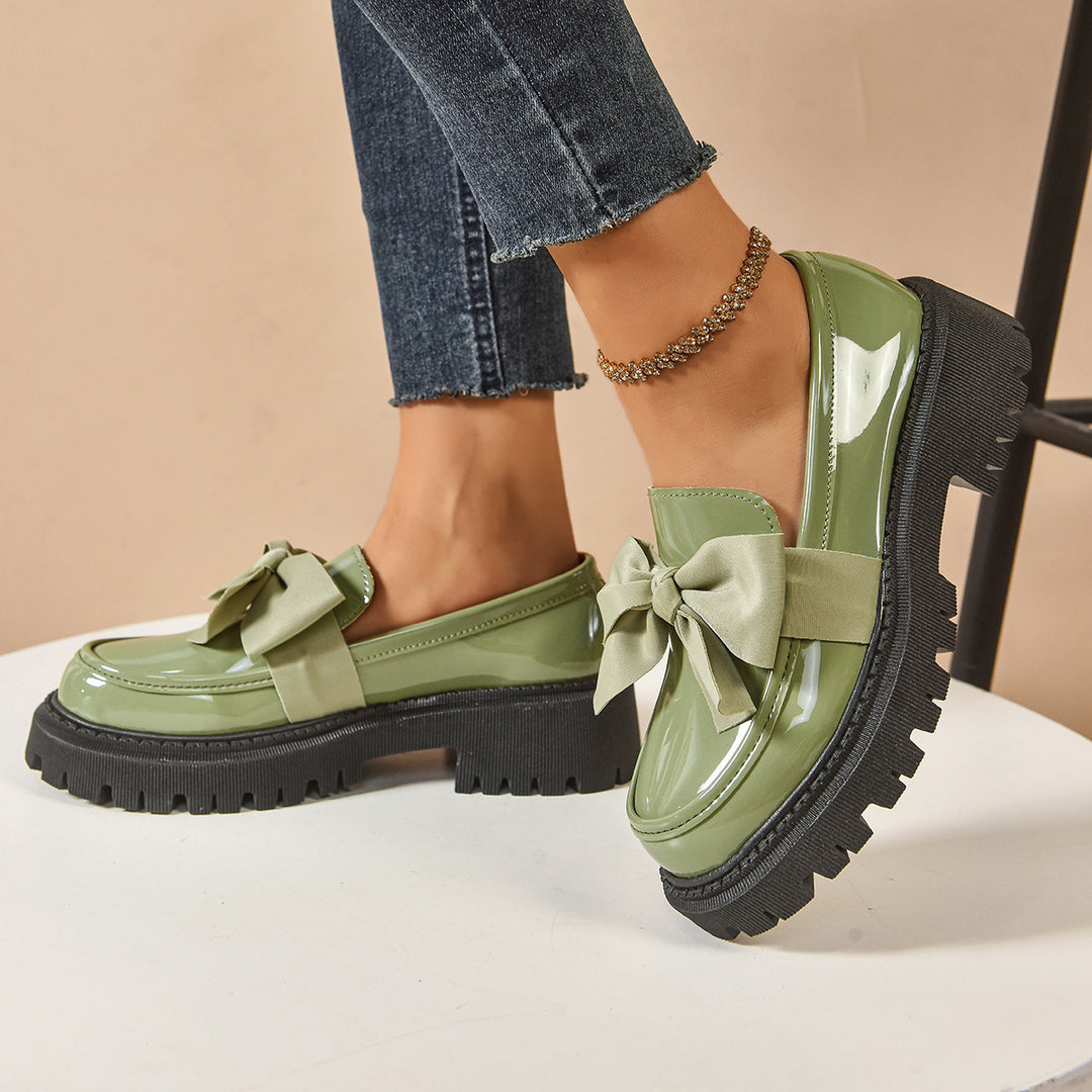 Chunky Platform Loafers - Bow Detail Lug Sole Preppy Shoes Women