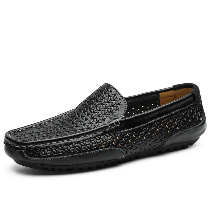 Mens Leather Loafers - Woven Embossed Slip On Driving Shoes