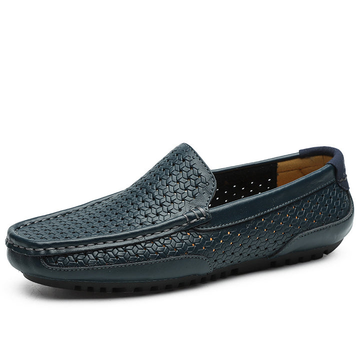 Mens Leather Loafers - Woven Embossed Slip On Driving Shoes