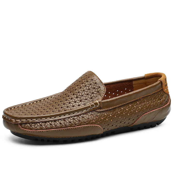Mens Leather Loafers - Woven Embossed Slip On Driving Shoes
