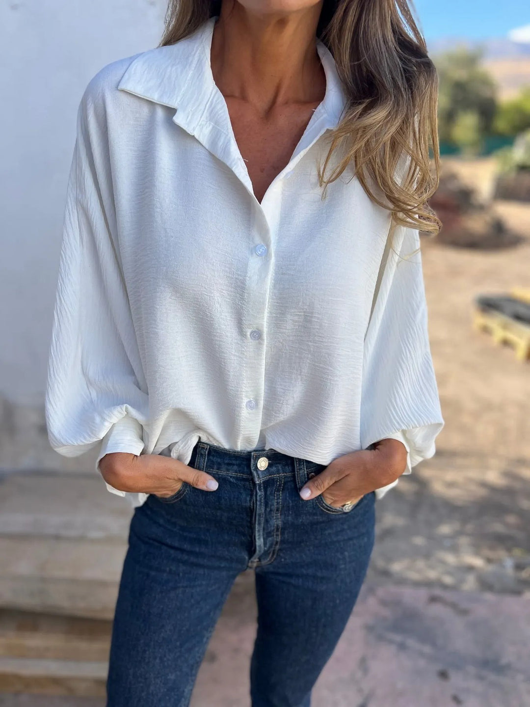 Oversized Button Down Shirt - Long Sleeve Collared Blouse