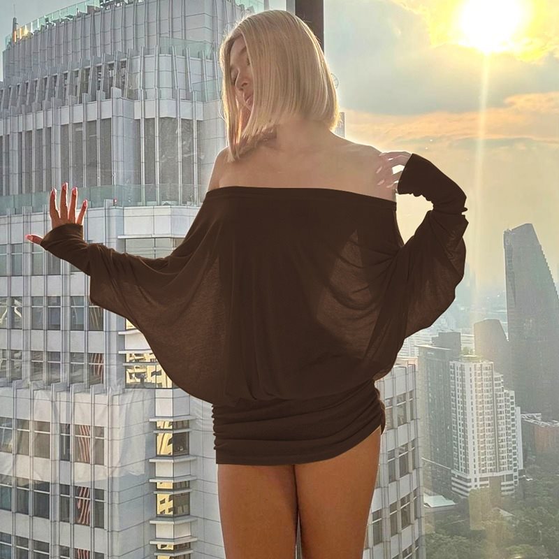 Off Shoulder Mini Dress  - Batwing Sleeve Ruched Bodycon Party Dress