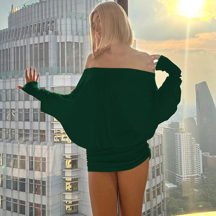 Off Shoulder Mini Dress  - Batwing Sleeve Ruched Bodycon Party Dress