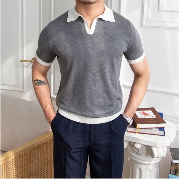 Mens Knit Polo Shirt - Contrast Collar Short Sleeve