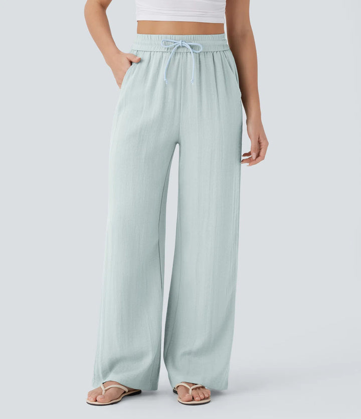 Linen Wide Leg Pants - High Waist Drawstring