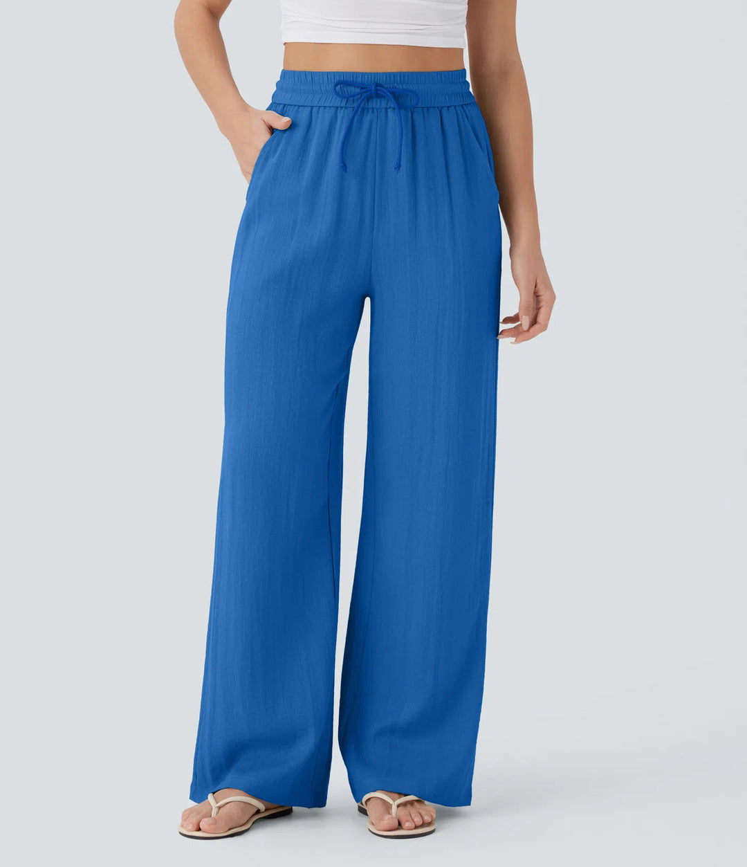 Linen Wide Leg Pants - High Waist Drawstring