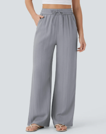 Linen Wide Leg Pants - High Waist Drawstring