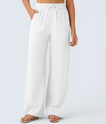 Linen Wide Leg Pants - High Waist Drawstring