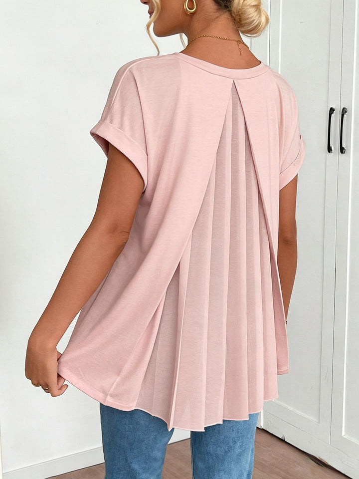 Open Back Top - Pleated Split Short Sleeve Tee