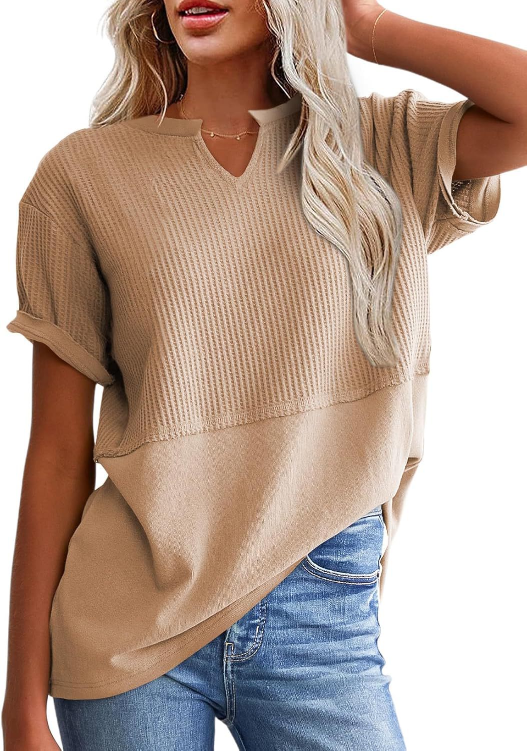 Oversized Waffle Knit Top Women - Notch Neck Short Sleeve Summer Blouse