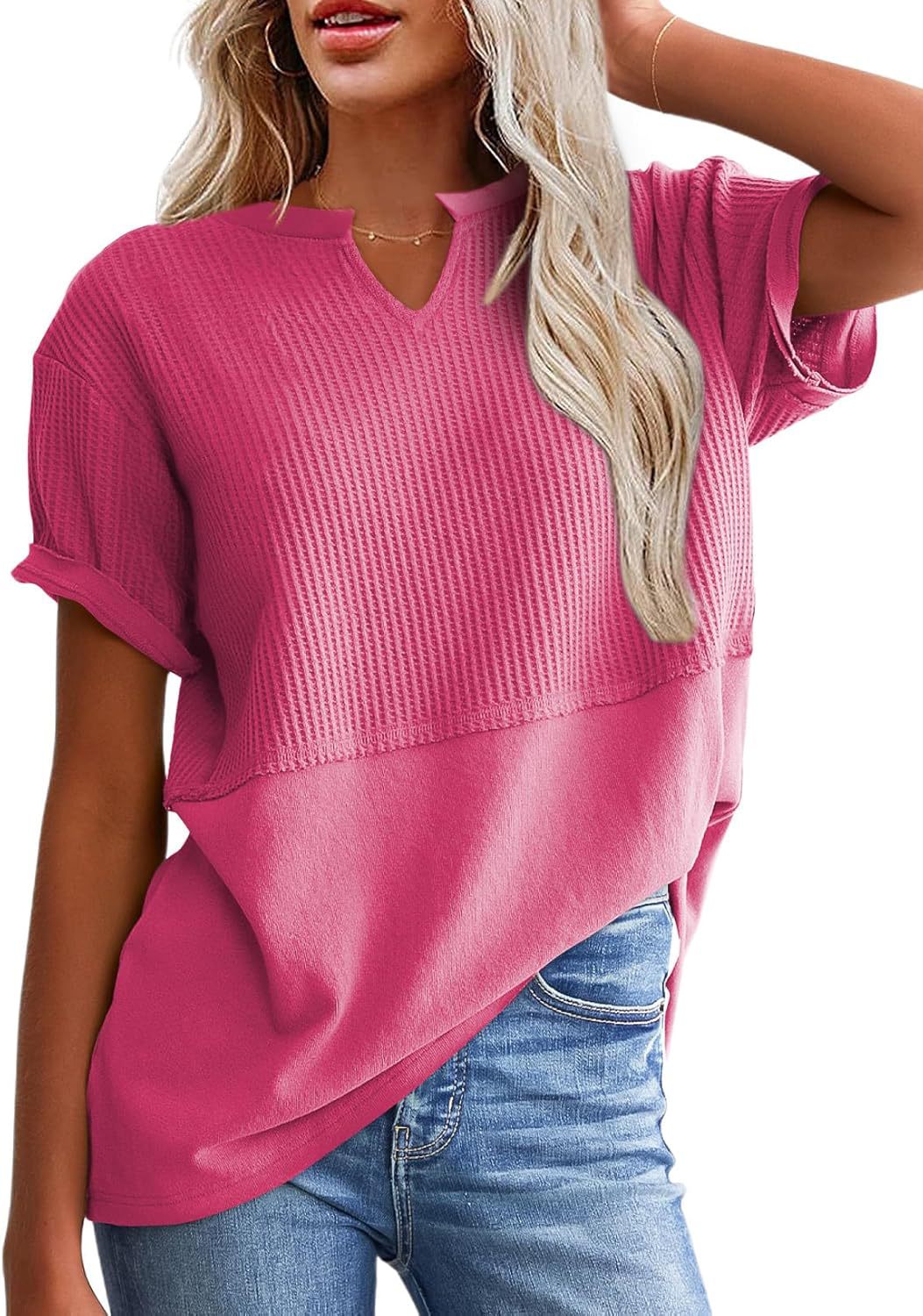 Oversized Waffle Knit Top Women - Notch Neck Short Sleeve Summer Blouse