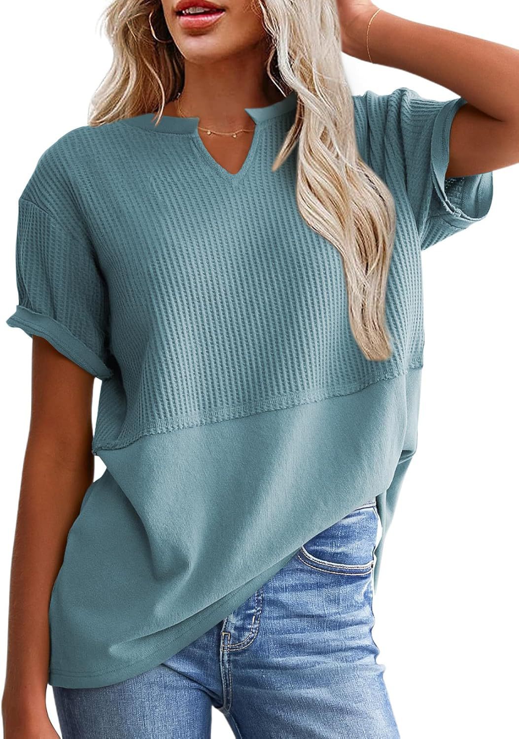 Oversized Waffle Knit Top Women - Notch Neck Short Sleeve Summer Blouse