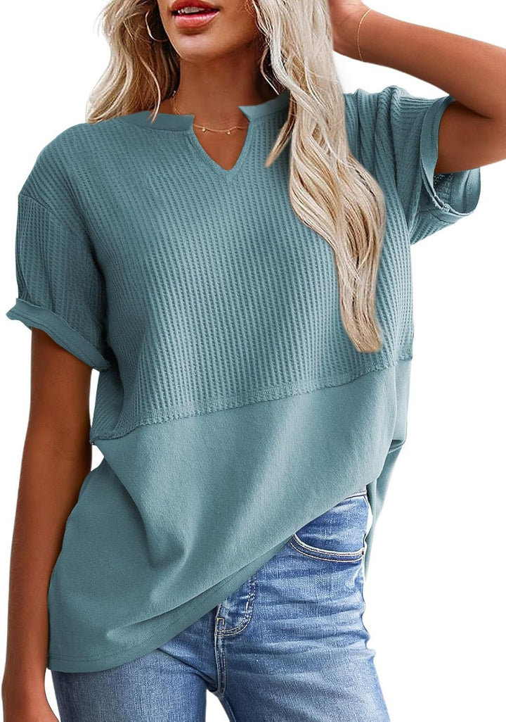 Oversized Waffle Knit Top Women - Notch Neck Short Sleeve Summer Blouse