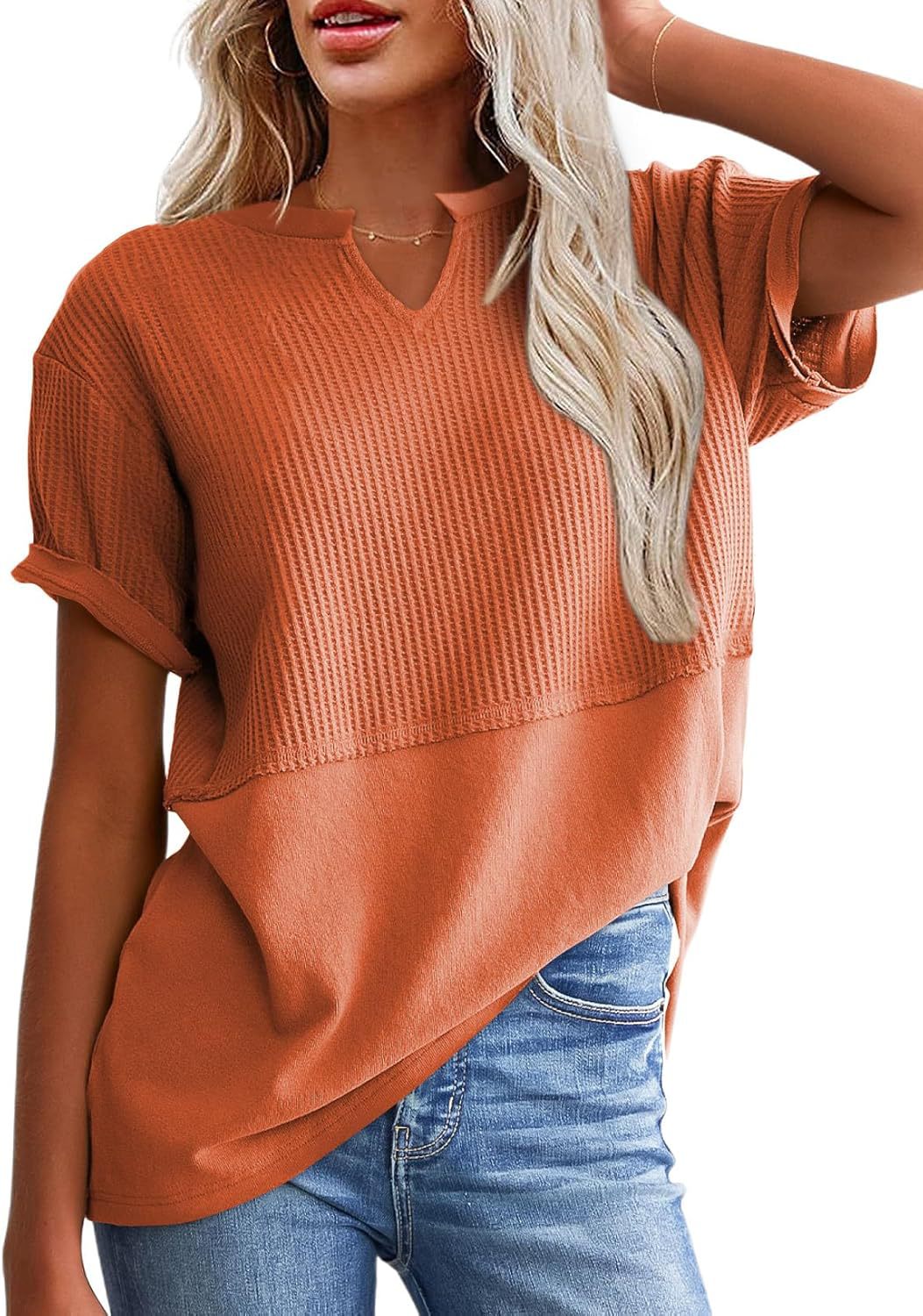 Oversized Waffle Knit Top Women - Notch Neck Short Sleeve Summer Blouse