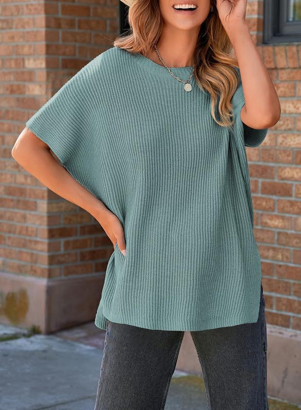 Oversized Ribbed Knit Top Women - Short Sleeve Side Slit Summer Tee