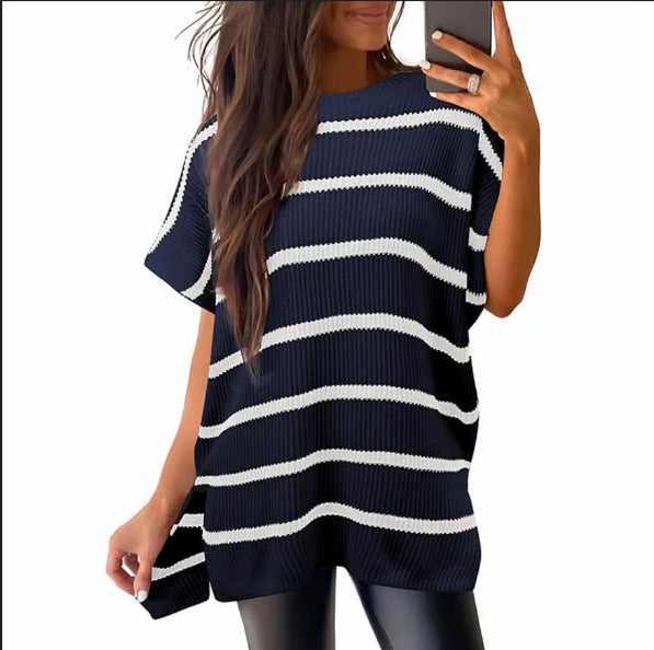 Oversized Ribbed Knit Top Women - Short Sleeve Side Slit Summer Tee