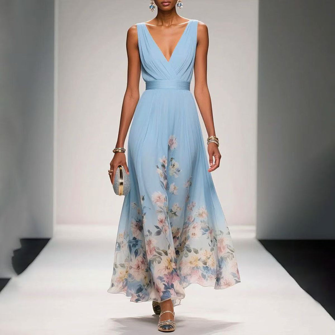 Women's Floral Border Print Maxi Dress Deep V-Neck Sleeveless Formal Gown