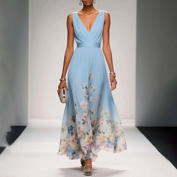 Women's Floral Border Print Maxi Dress Deep V-Neck Sleeveless Formal Gown