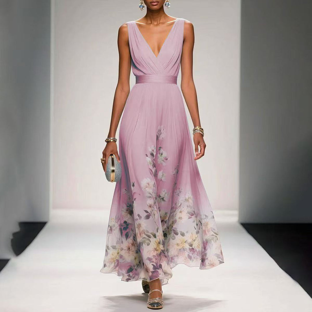 Women's Floral Border Print Maxi Dress Deep V-Neck Sleeveless Formal Gown