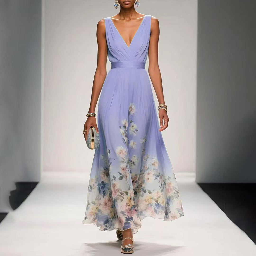 Women's Floral Border Print Maxi Dress Deep V-Neck Sleeveless Formal Gown