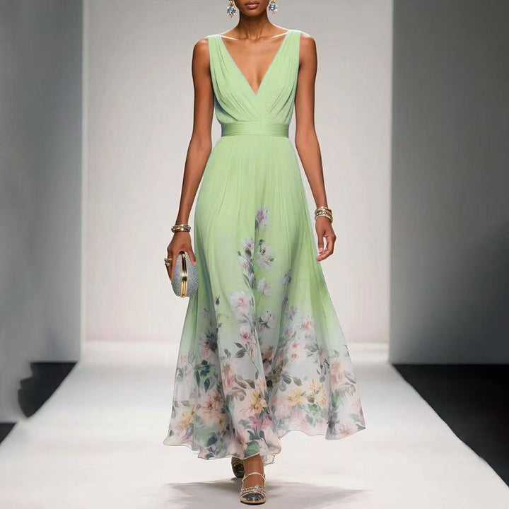 Women's Floral Border Print Maxi Dress Deep V-Neck Sleeveless Formal Gown