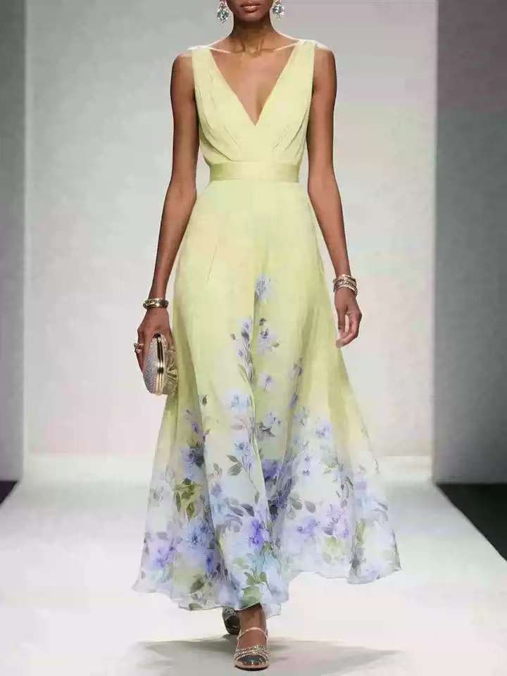Women's Floral Border Print Maxi Dress Deep V-Neck Sleeveless Formal Gown