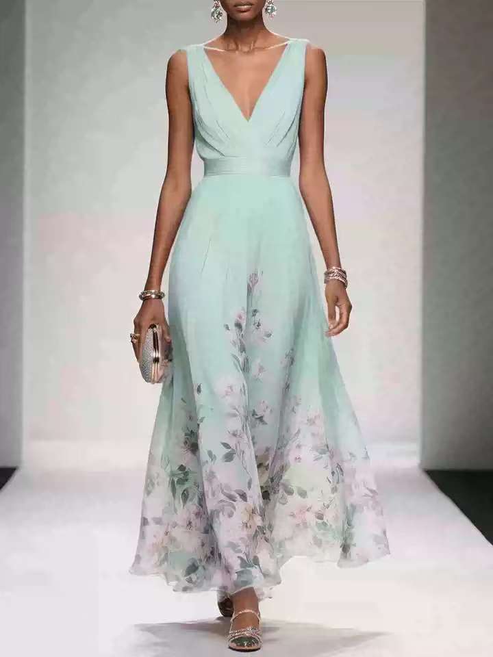Women's Floral Border Print Maxi Dress Deep V-Neck Sleeveless Formal Gown