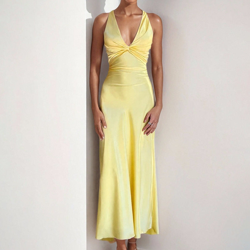 Slip Dress Women - Satin Twist Front V Neck Midi Cocktail Party Dress