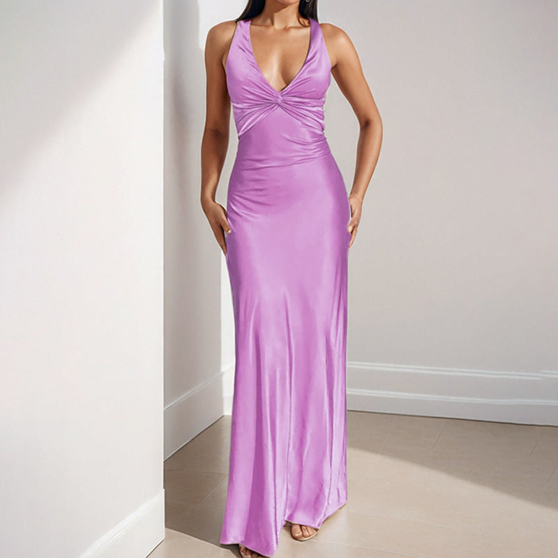 Slip Dress Women - Satin Twist Front V Neck Midi Cocktail Party Dress
