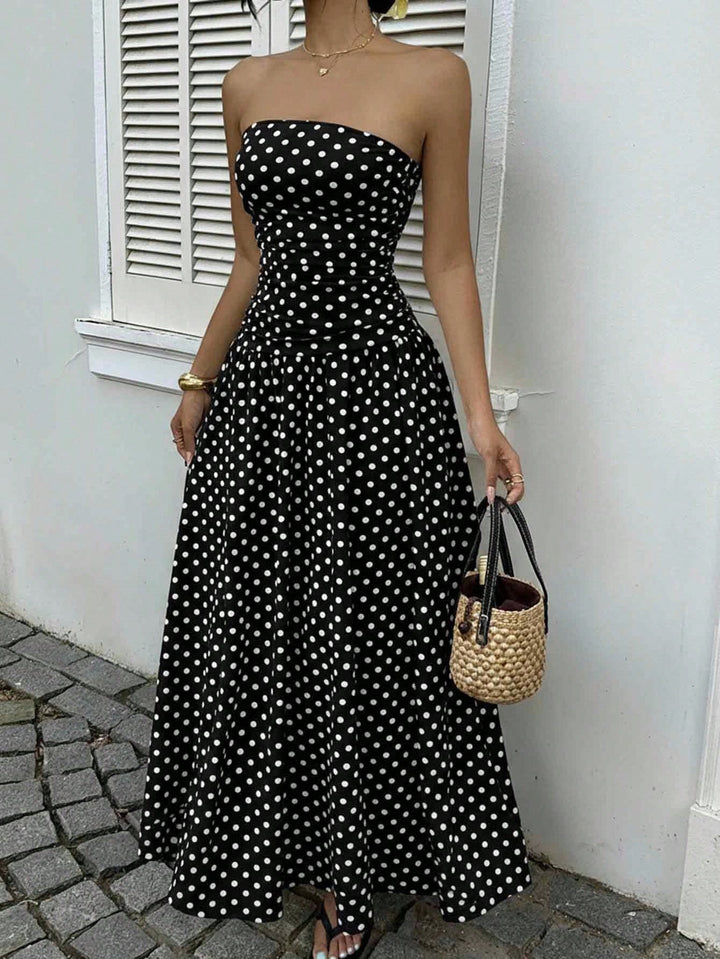Polka Dot Maxi Dress - Strapless Ruched Bodice