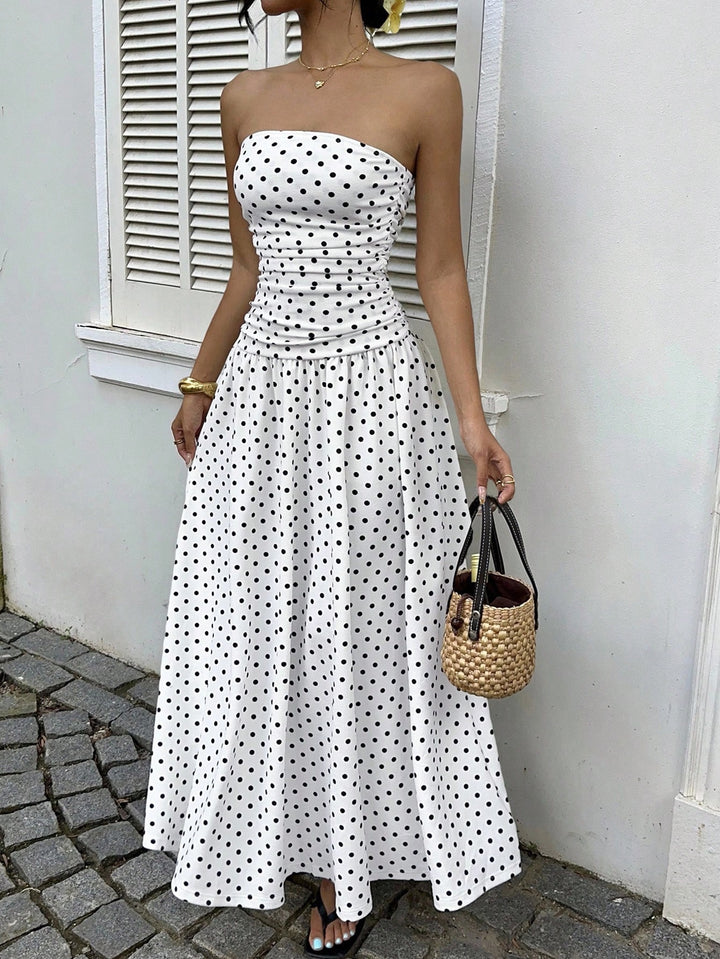 Polka Dot Maxi Dress - Strapless Ruched Bodice