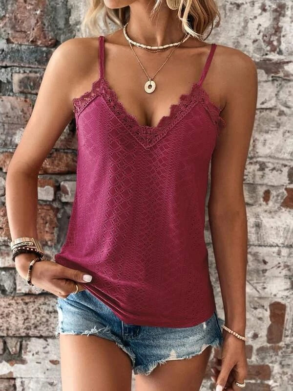 Lace Trim Cami Top - Eyelet V Neck Tank