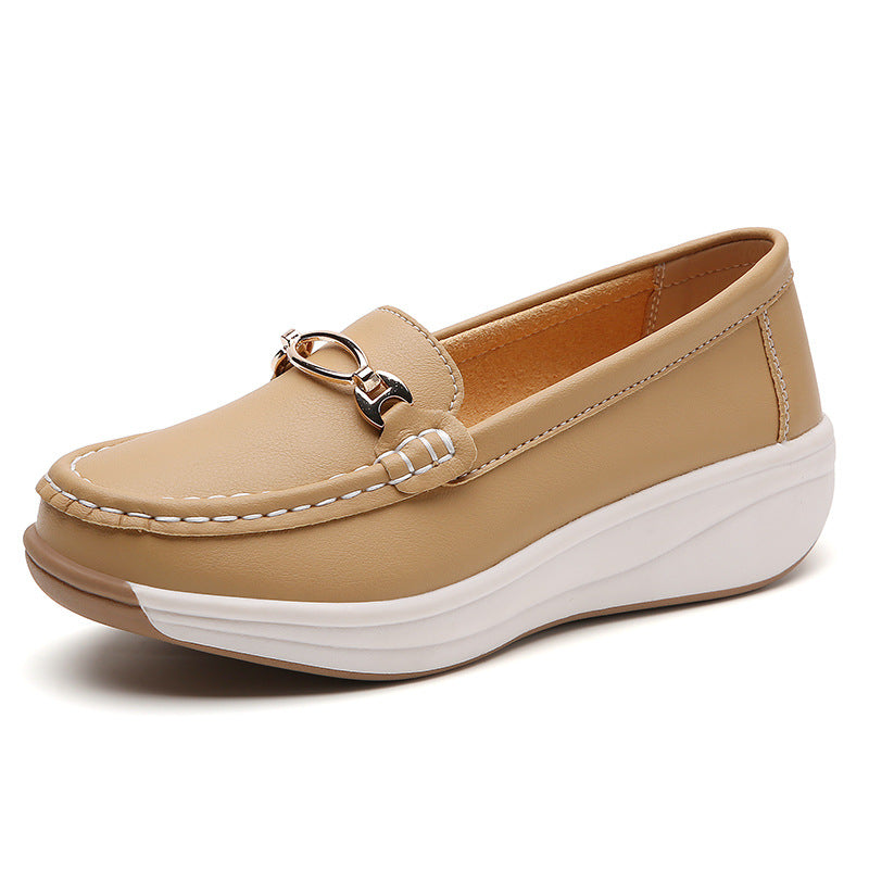 Platform Loafers Women - Slip On Wedge Moccasin with Buckle Detail