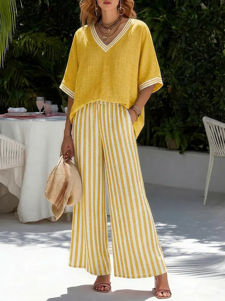 Linen Top and Wide Leg Pants Set - V Neck Striped Summer Outfit