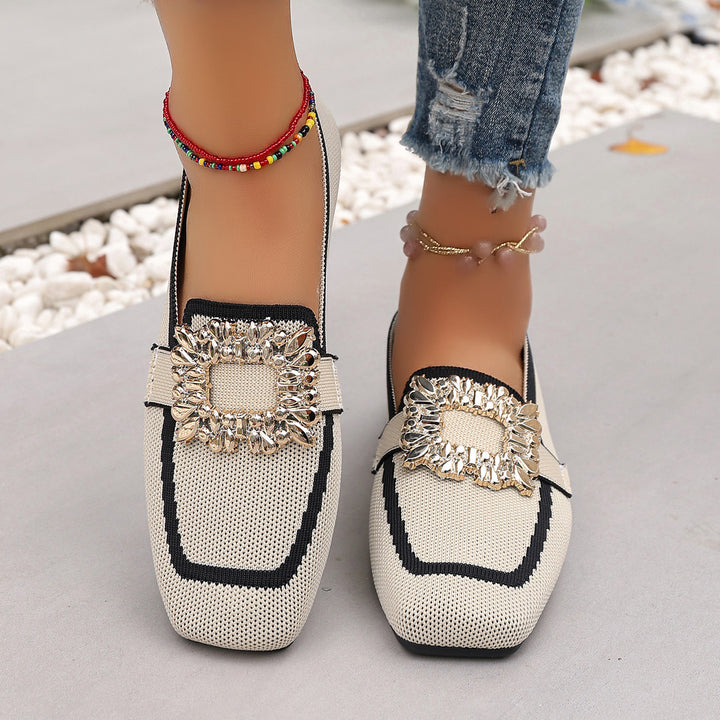 Women's Rhinestone Buckle Flat Loafers Square Toe Knit Slip On Casual Shoes