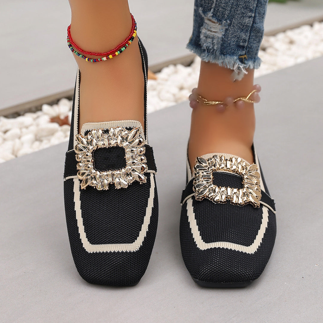 Women's Rhinestone Buckle Flat Loafers Square Toe Knit Slip On Casual Shoes
