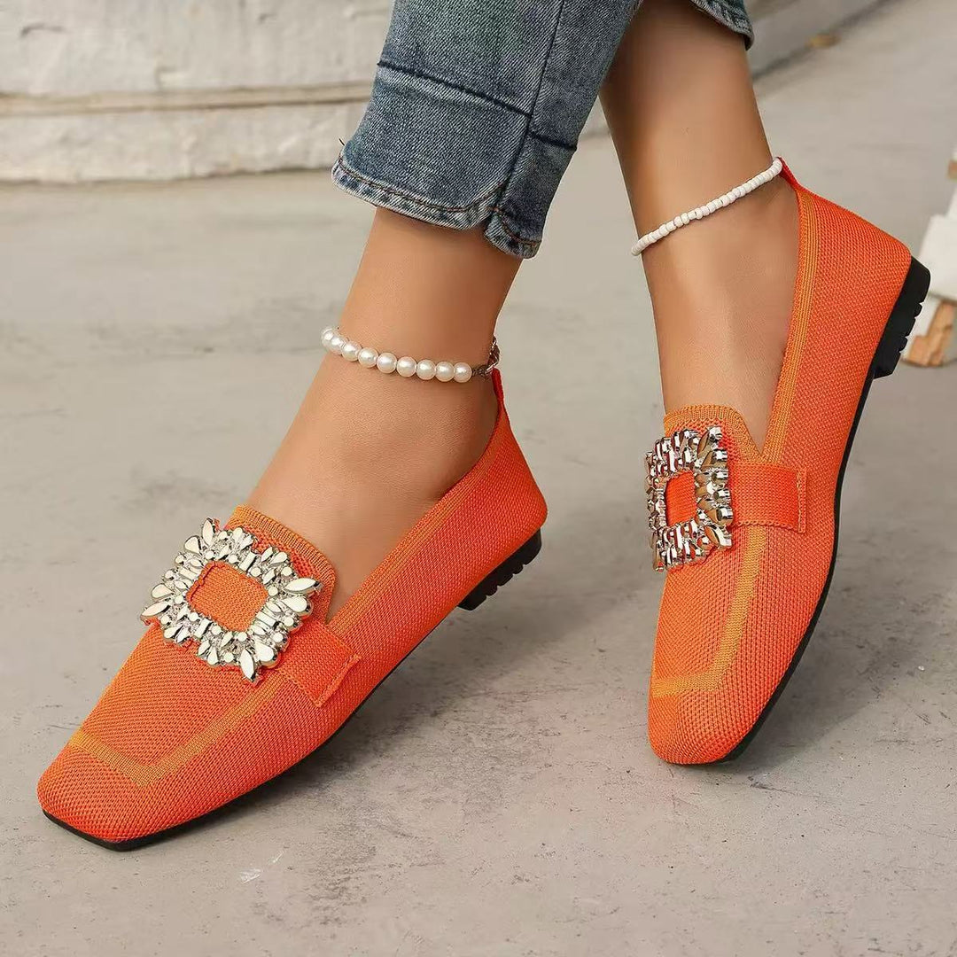 Women's Rhinestone Buckle Flat Loafers Square Toe Knit Slip On Casual Shoes