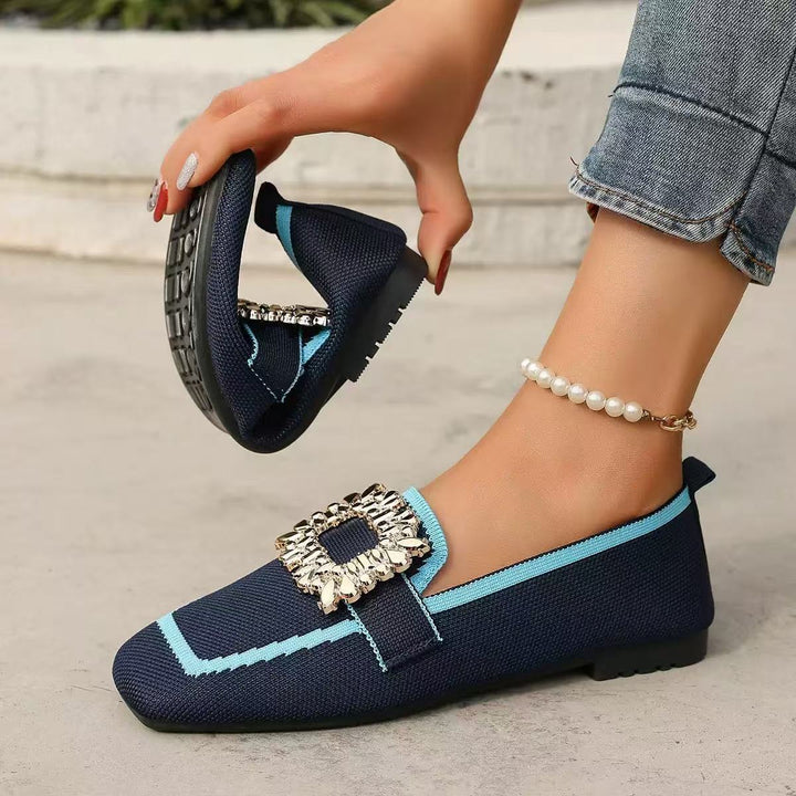 Women's Rhinestone Buckle Flat Loafers Square Toe Knit Slip On Casual Shoes