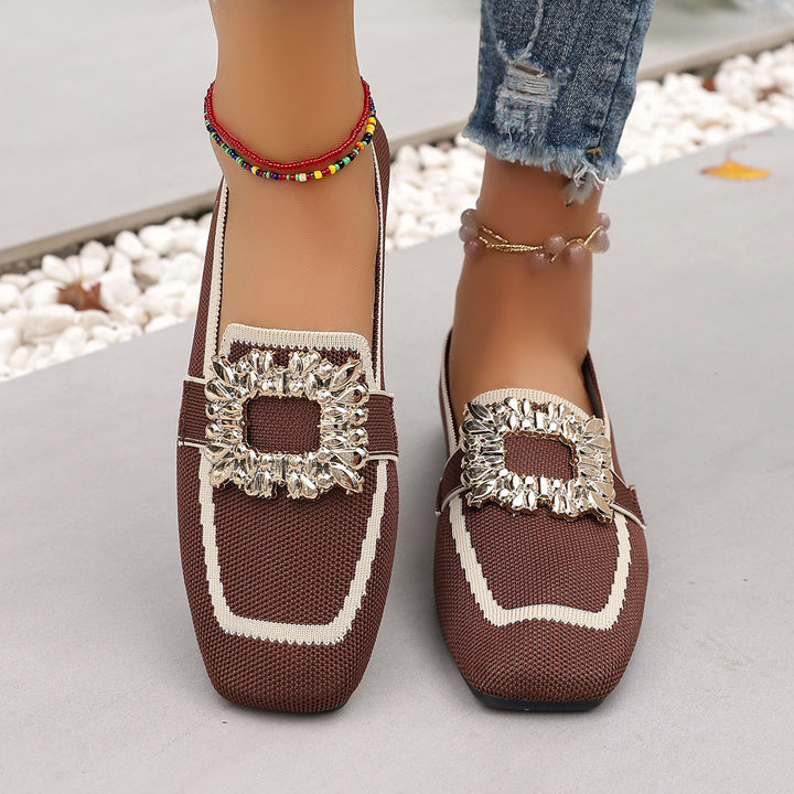 Women's Rhinestone Buckle Flat Loafers Square Toe Knit Slip On Casual Shoes